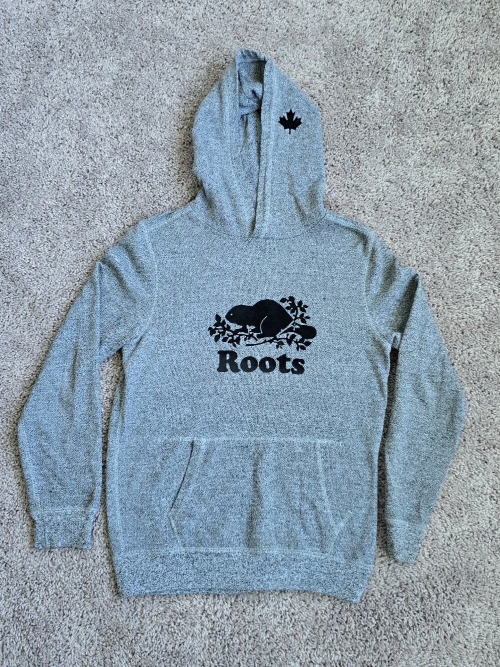 Roots Canada Gray Pullover Hoodie Sweatshirt Beaver Logo Kanga Pocket Youth XXL